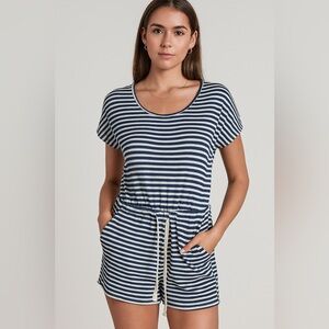 Loft Outlet Blue and White Striped Romper with Tie Waist Small